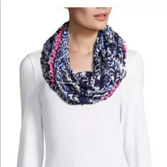 LILLY PULITZER Women’s Blue White Pink RILEY Infinity Scarf Tons Of Fun Pom Poms - Picture 1 of 4